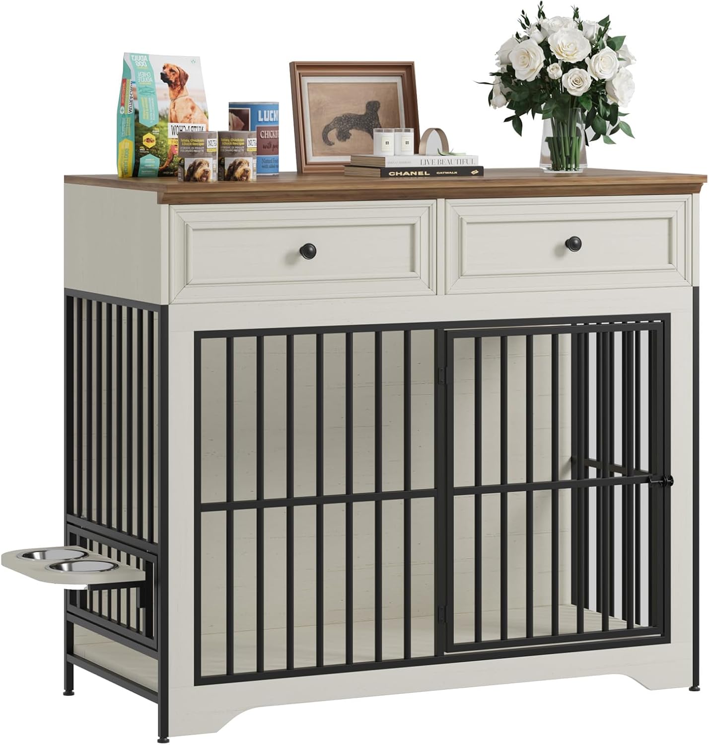 QUW 42' Modern Dog Crate Furniture, Wooden Dog Kennel for Medium to Large with 360° Rotating & 3-Levels Adjustable Height Dogs Bowl Holder, Decorative Dogs cage Pet House Indoor, Antique White
