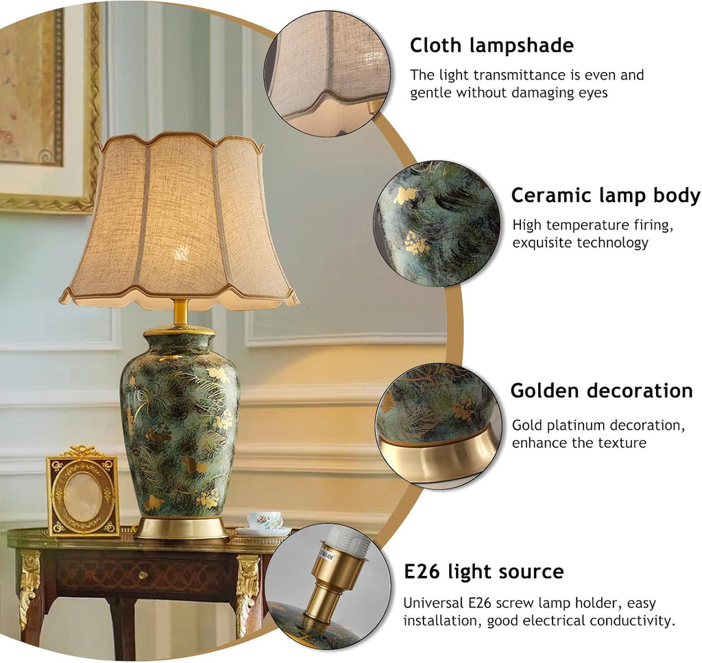 Blue Hand-Painted Ceramic Table Lamp Gold Flower Beside Lamps American Halo Ceramic Lamp Body with Fabric lampshade Nightstand for Living Room Bedroom Home Office