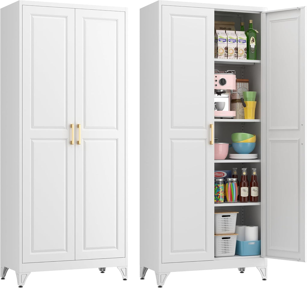 75' Kitchen Pantry Cabinet, White Metal Storage Cabinets with 2 Doors and 4 Adjustable Shelves, Tall Pantry Storage Cabinet for Kitchen, Dining Room, Living Room
