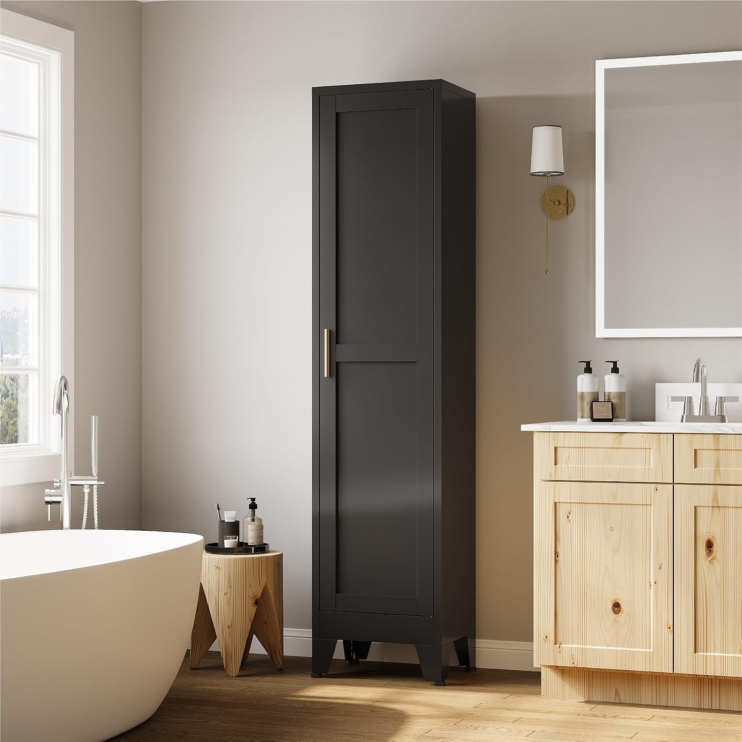 67' Tall Narrow Storage Cabinet, Metal Slim Bathroom Cabinet, Single Door Freestanding Floor Cabinets with 4 Adjustable Shelves for Laundry, Kitchen Pantry, Living Room (1PC, Black)