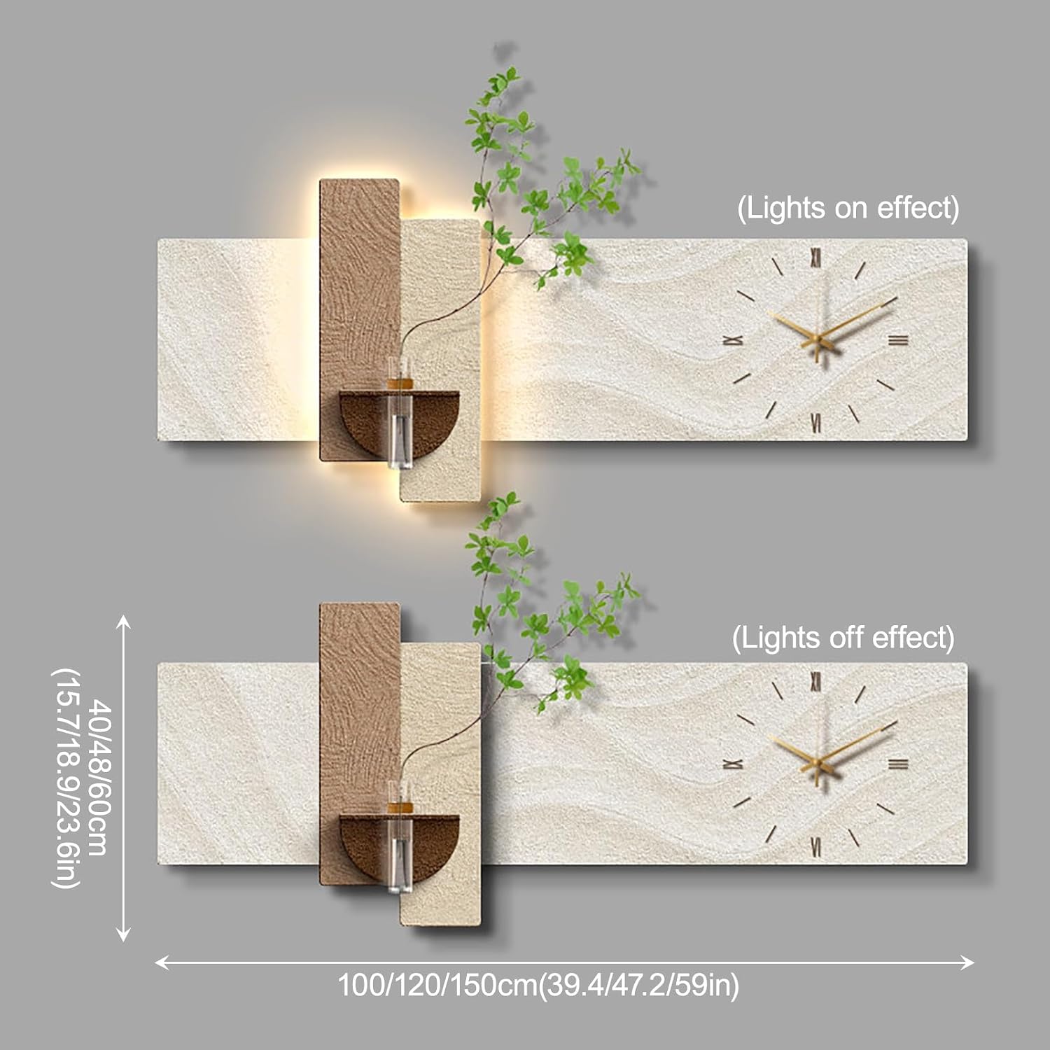 PAKMEZ Plug-in Power Supply Sandstone Wall Art with Clock, Sandstone Decor Wall Art Painting with Vase and Fake Plant, Home Decor for Living Room Office Study(Green,100 * 40cm/39.4 * 15.7in)