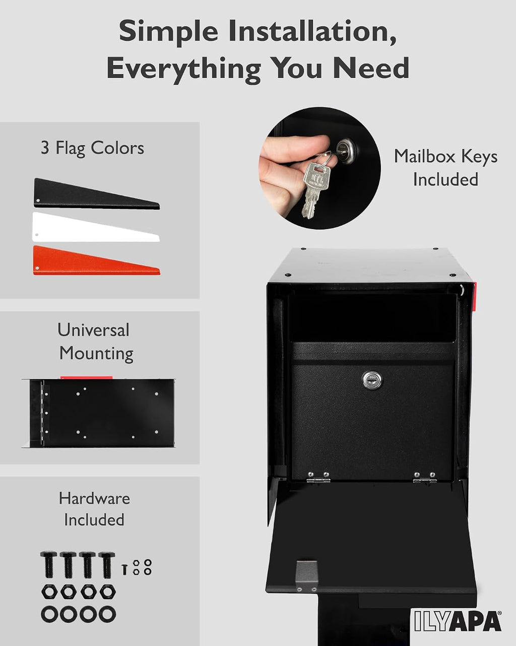 Ilyapa Locking Mailbox with Lock and Key Modern Mailboxes for Outside Post Mount - Black Powder Coated Steel, All Weather & Corrosion Resistant, Stainless Steel, Tab