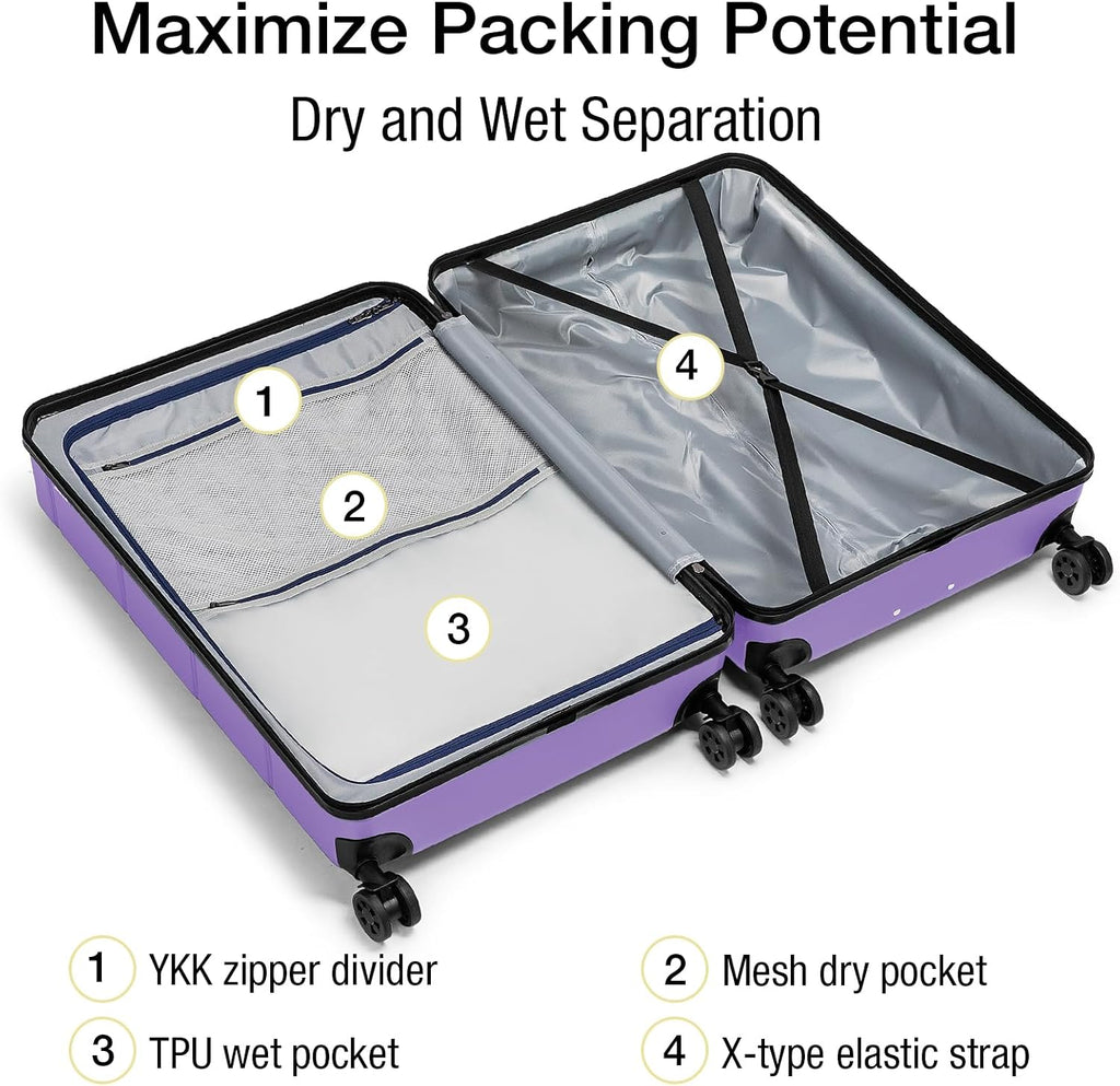KYME Large Suitcases with Wheels Hardshell 28 Inch Luggage TSA Approved Big Checked Luggage Durable Travel Rolling Suitcase for Women Lt Purple