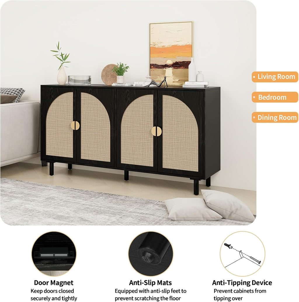Black 4-Door Rattan Buffet Cabinet-Sideboard Buffet Cabinet with Storage, Accent Sideboard Cabinets-Wood Credenza with Cane Door, Boho Style Console Table for Dining Room & Living Room