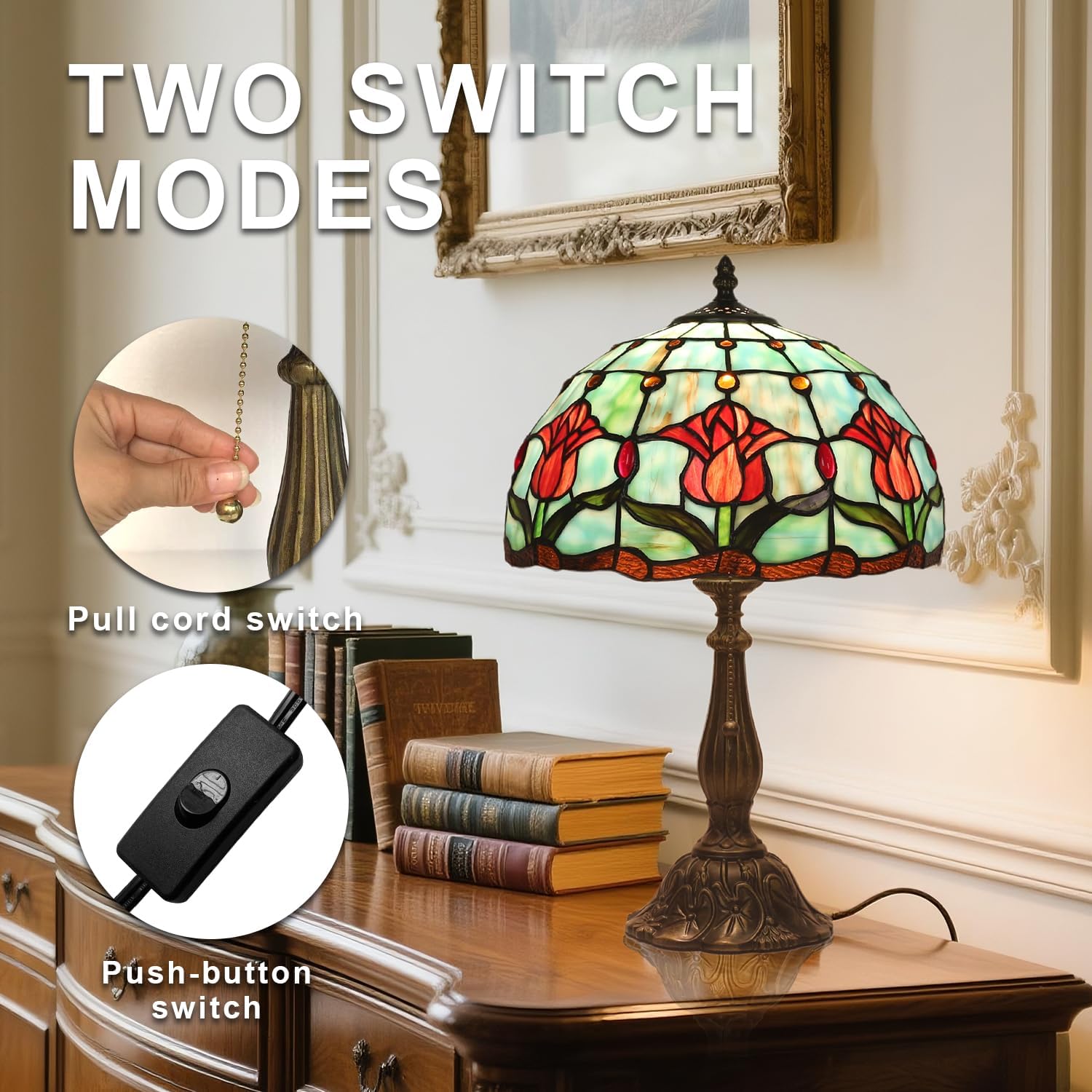 Stained Glass Tulip Table Lamp, Vintage Tiffany Style Reading Light, 12x12x19 Inch Antique Art Glass Desk Lamp for Home Office Bedroom Decor