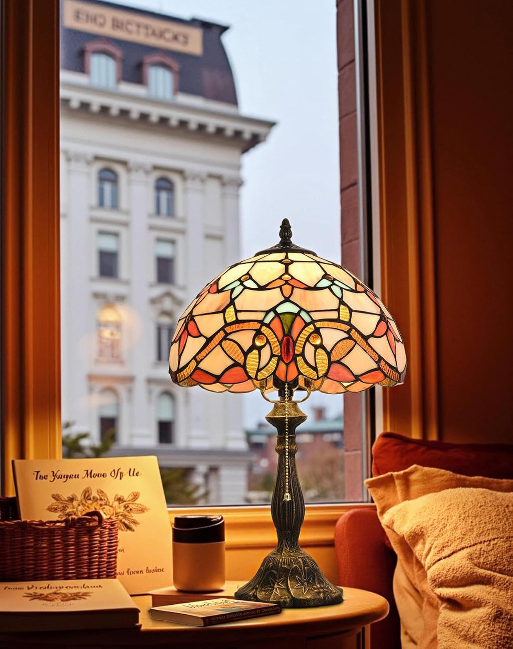 Tiffany Table Lamp, 12-inch Stained Glass Lamp for Living Room, Dining Room, Bedroom, Study Room, Office (Beige Baroque)