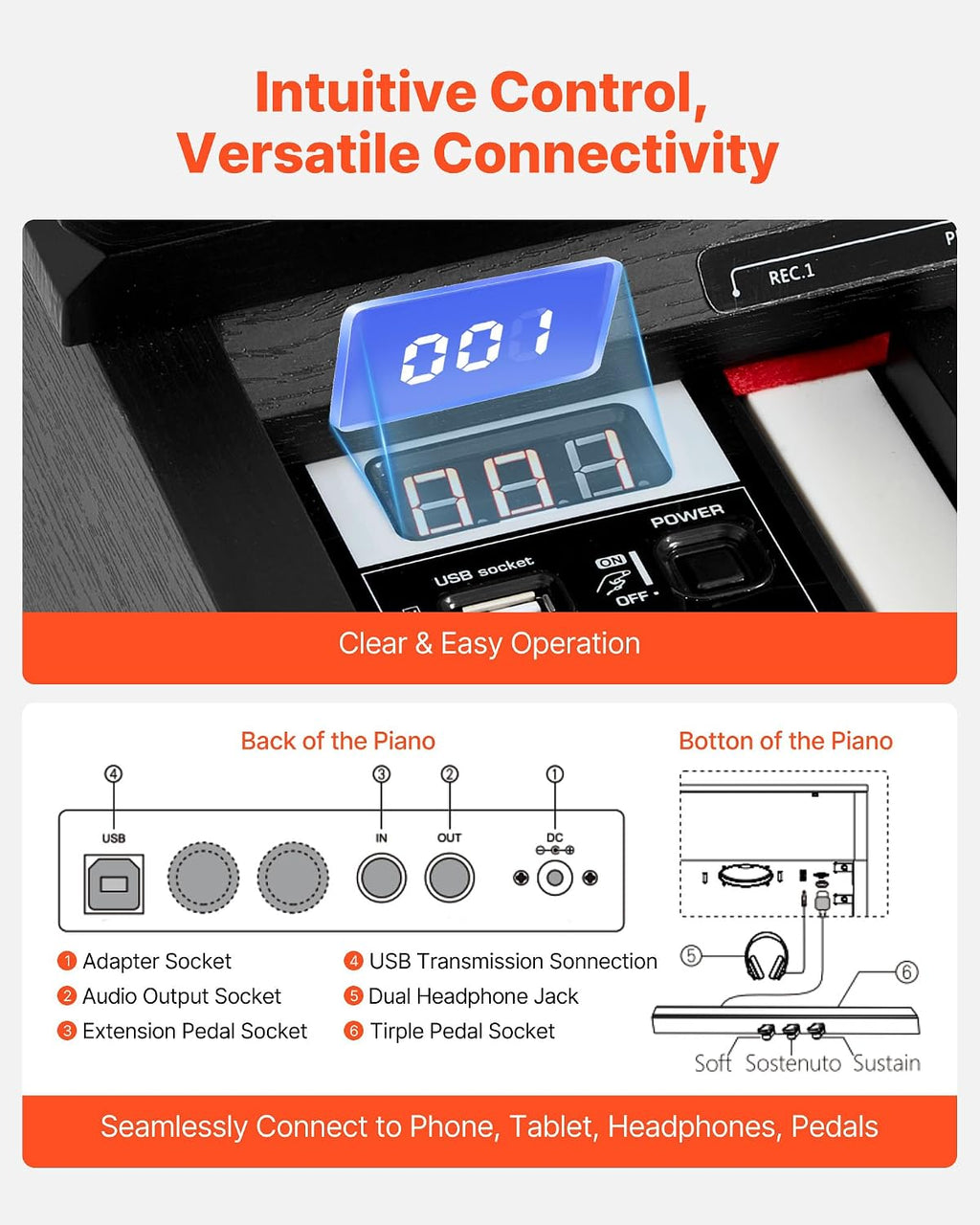 VEVOR Weighted Digital Piano, 88 Keys Fully Weighted, Electric Piano Keyboard with Furniture Stand, Power Adapter, Triple Pedal, 680 Tones, Support Wireless Connection, with Headphones, for Beginners