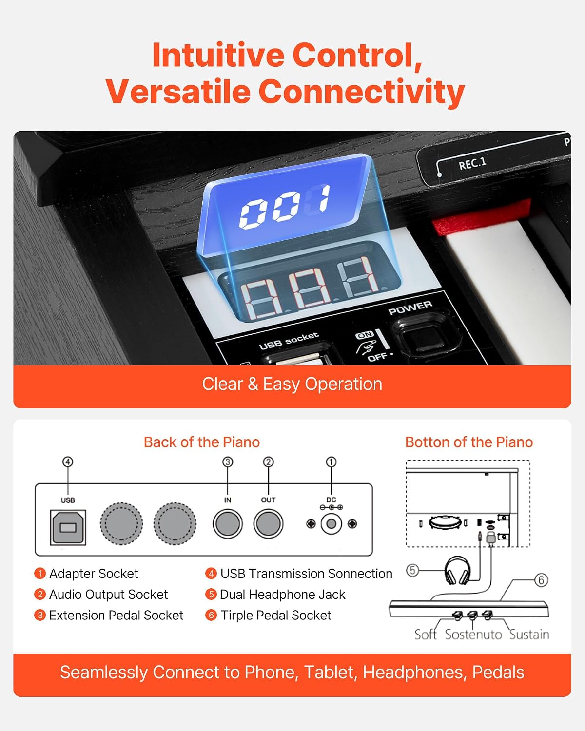 VEVOR Weighted Digital Piano, 88 Keys Fully Weighted, Electric Piano Keyboard with Furniture Stand, Power Adapter, Triple Pedal, 680 Tones, Support Wireless Connection, with Headphones, for Beginners