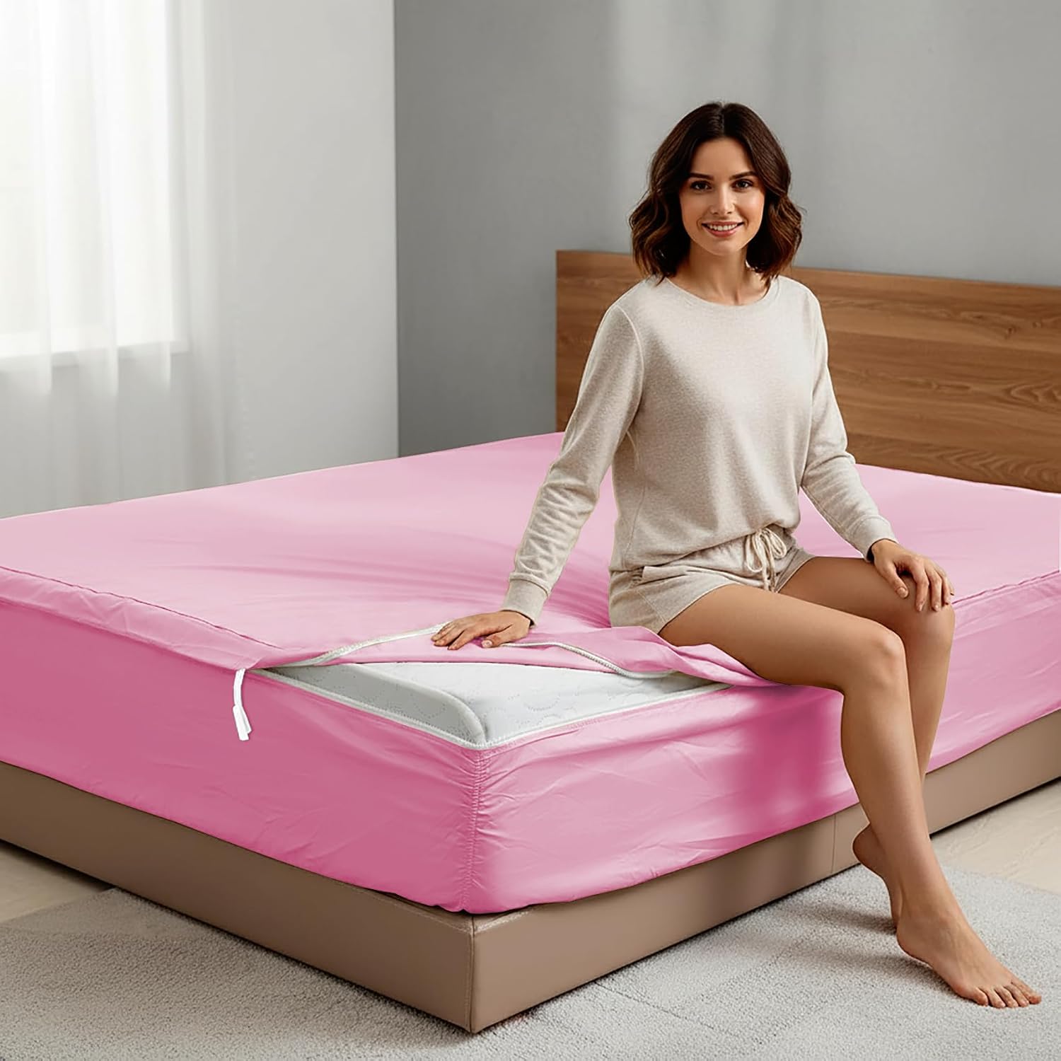 Zipper Fitted Sheet - Includes 1 Fitted Sheet Base & 2 Zip-On Sheets - Upto 16' in. Deep Pockets Queen Size Zipper Fitted Sheet - Easy to Change, Sateen Cotton 600 TC Fitted Sheet - Baby Pink