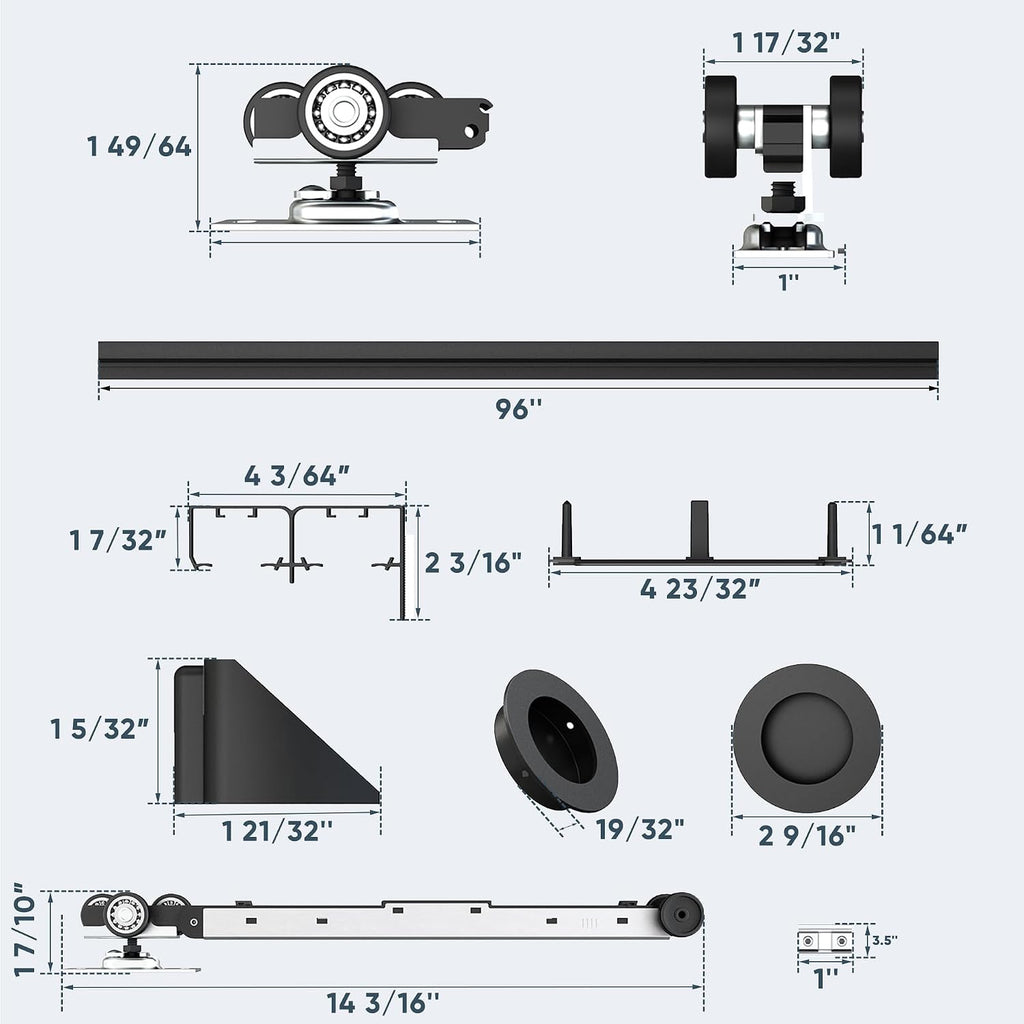 JUBEST 8FT/96 Heavy Duty Bypass Door Hardware with Soft Close Mechanism, Sturdy Closet Door Track for 2 Door System, Quietly and Smoothly, Fit Door Thickness 1 3/8' or 1 3/4', Easy to Install, Black