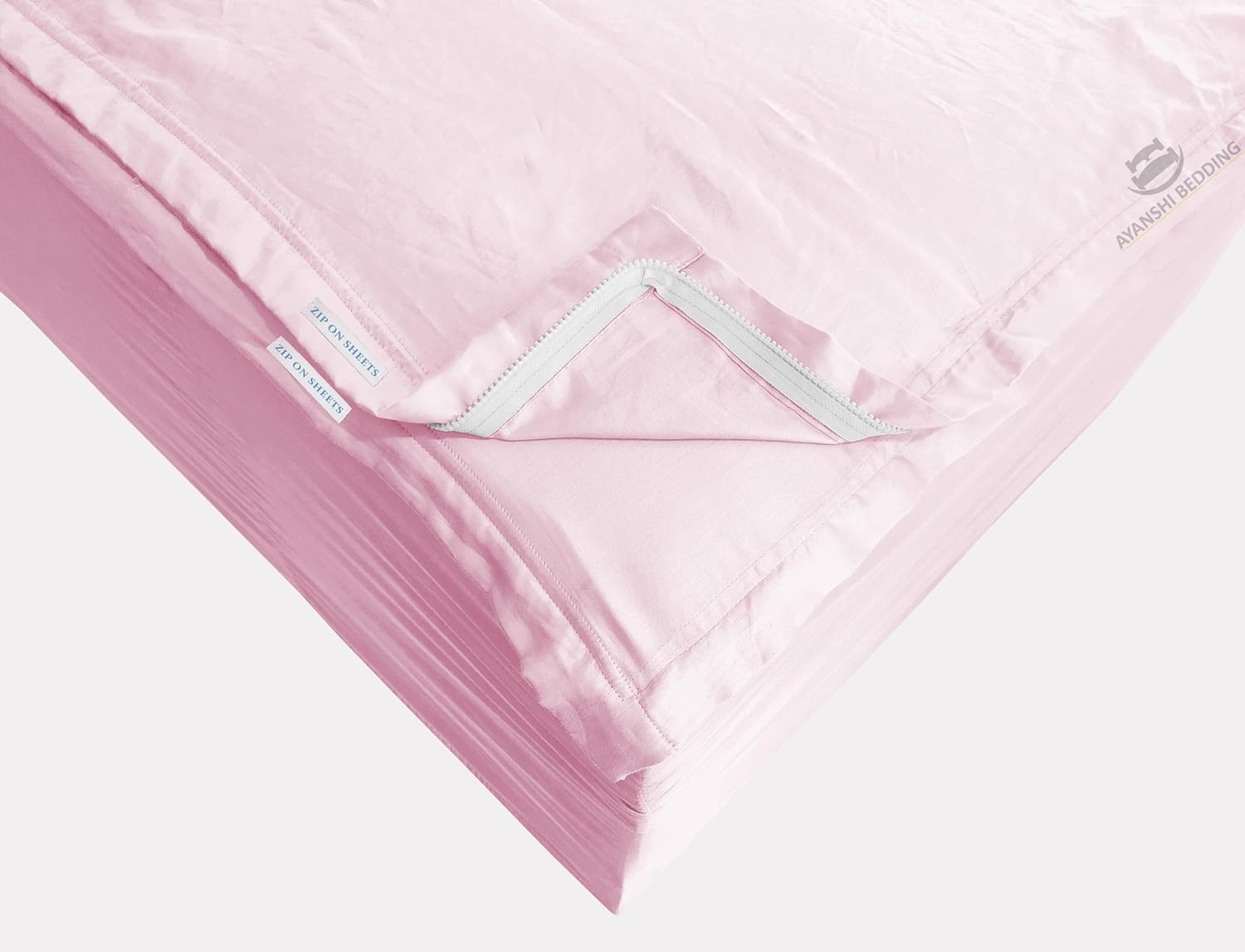 Cotton Zip Fitted Sheet Queen - 2 Zip Sheets & 1 Fitted Sheet Base - Upto 16' Deep Pocket Queen Size Zipper Sheets - Soft & Luxury 600 TC 100% Cotton - Baby Pink