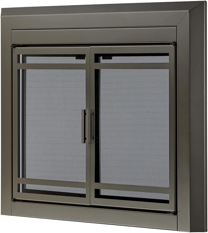 UniFlame - Kendall - Cabinet-Style Fireplace Doors with Smoke Tempered Glass (Color: Gunmetal, Size: Large - Fits Opening 36in to 43in W x 25.5in to 32.5in H)
