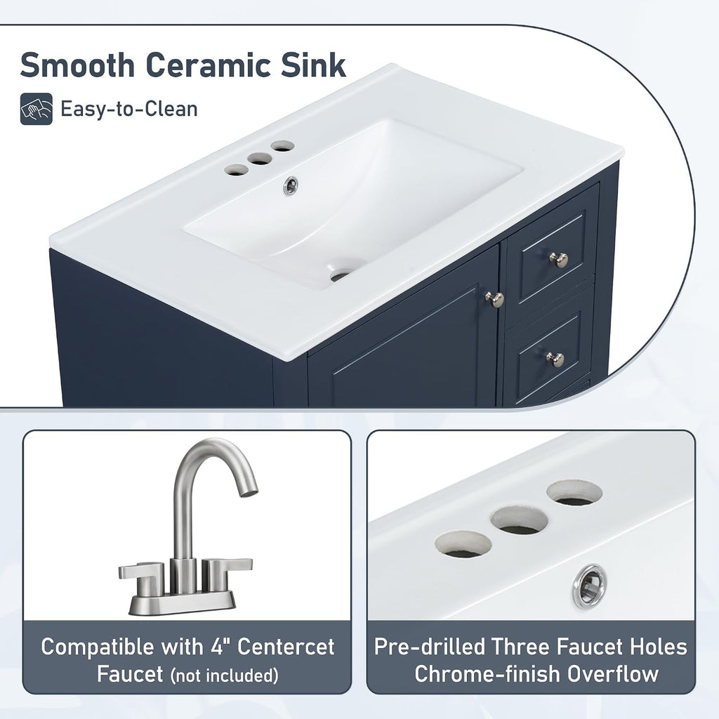 Harper & Bright Designs 30' Bathroom Vanity with Sink, Free Standing Single Basin Vanity Set with One Door and Three Drawers, Solid Wood Bathroom Cabinet with Ceramic Basin for Bathroom, Blue