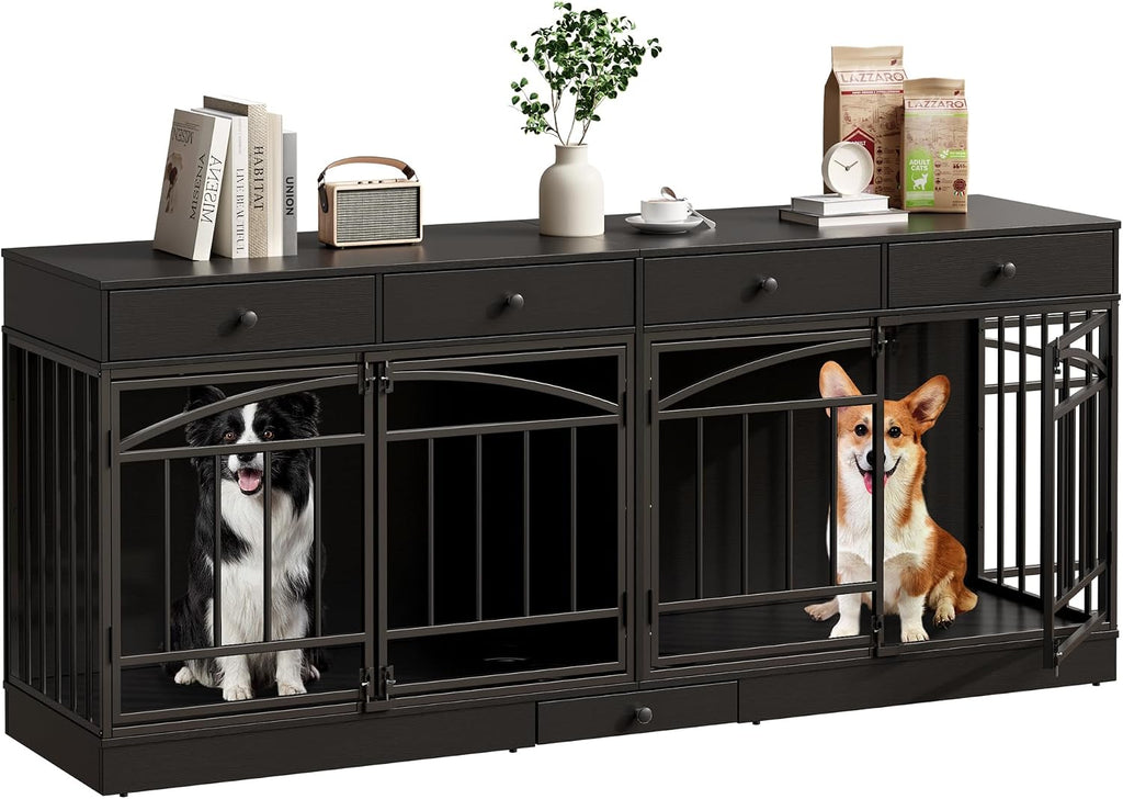IDEALHOUSE 78.7' Double Dog Crate Furniture with Storage and 4 Doors, Dog Kennel Indoor with Feeding Bowls, Wood Dog Crate TV Stand for Small Medium Dogs, Black