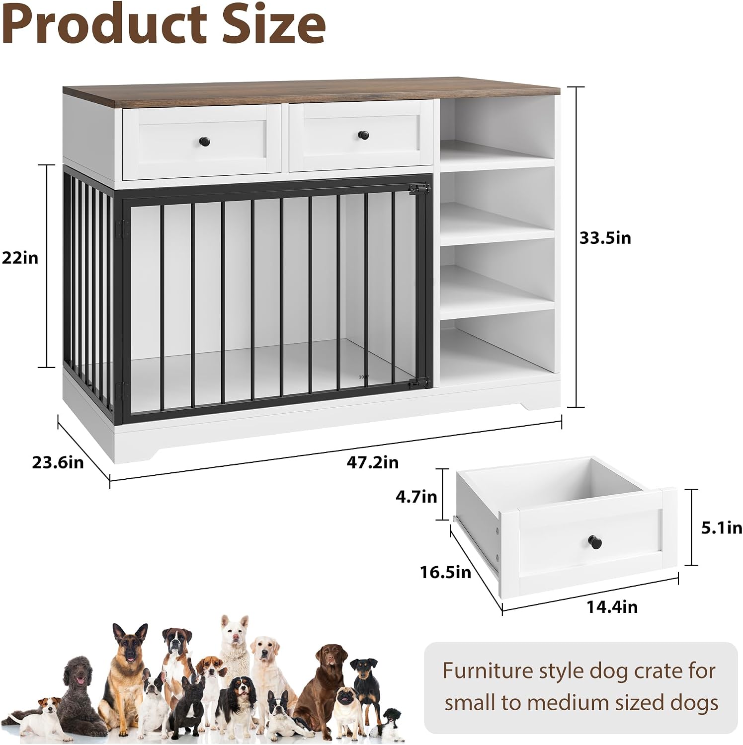 GarveeHome Dog Crate Furniture 47', Large Dog Crate TV Stand with 2 Drawers and 4 Shelves, Wooden Dog Kennel Indoor, Decorative Dog Cage with Storage for Large Dogs, White