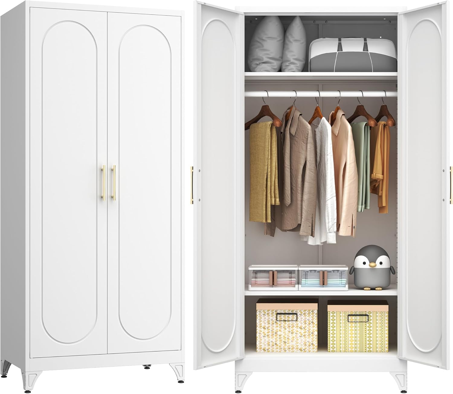 71' White Wardrobe Closet with 2 Doors, Metal Armoire Wardrobe Cabinet with Hanging Rod and Adjustable Shelves, Clothing Storage Cabinets for Bedroom, Laundry Room, Home Office