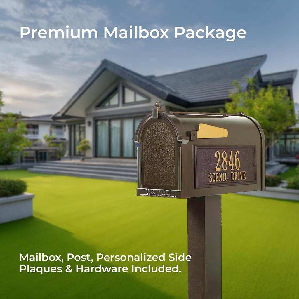 Whitehall Premium Mailbox Package with Personalized Address Plaques Classic Cast Aluminum Streetside Mailbox and Standard Post Designed to Enhance Your Home's Curb Appeal