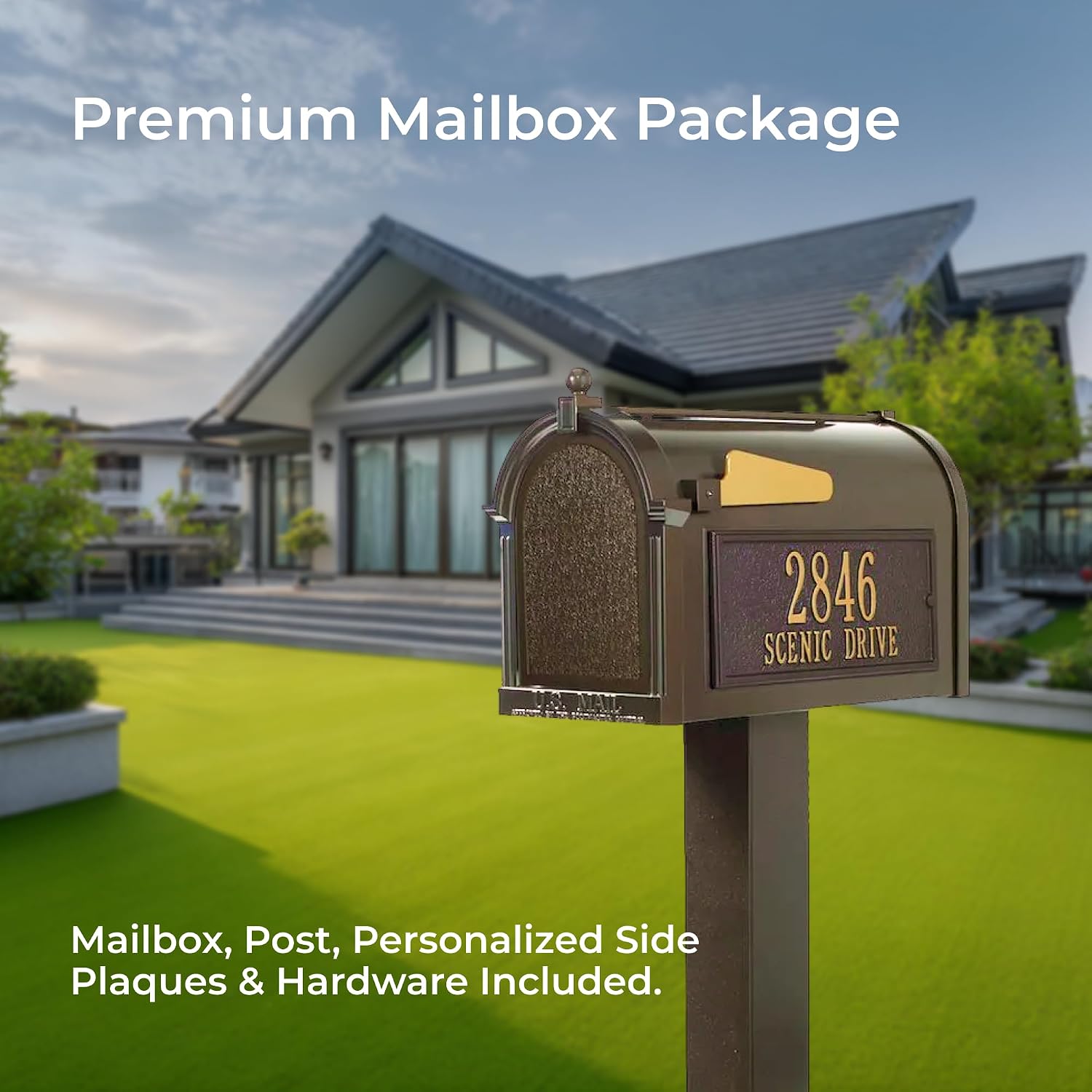 Whitehall Premium Mailbox Package with Personalized Address Plaques Classic Cast Aluminum Streetside Mailbox and Standard Post Designed to Enhance Your Home's Curb Appeal