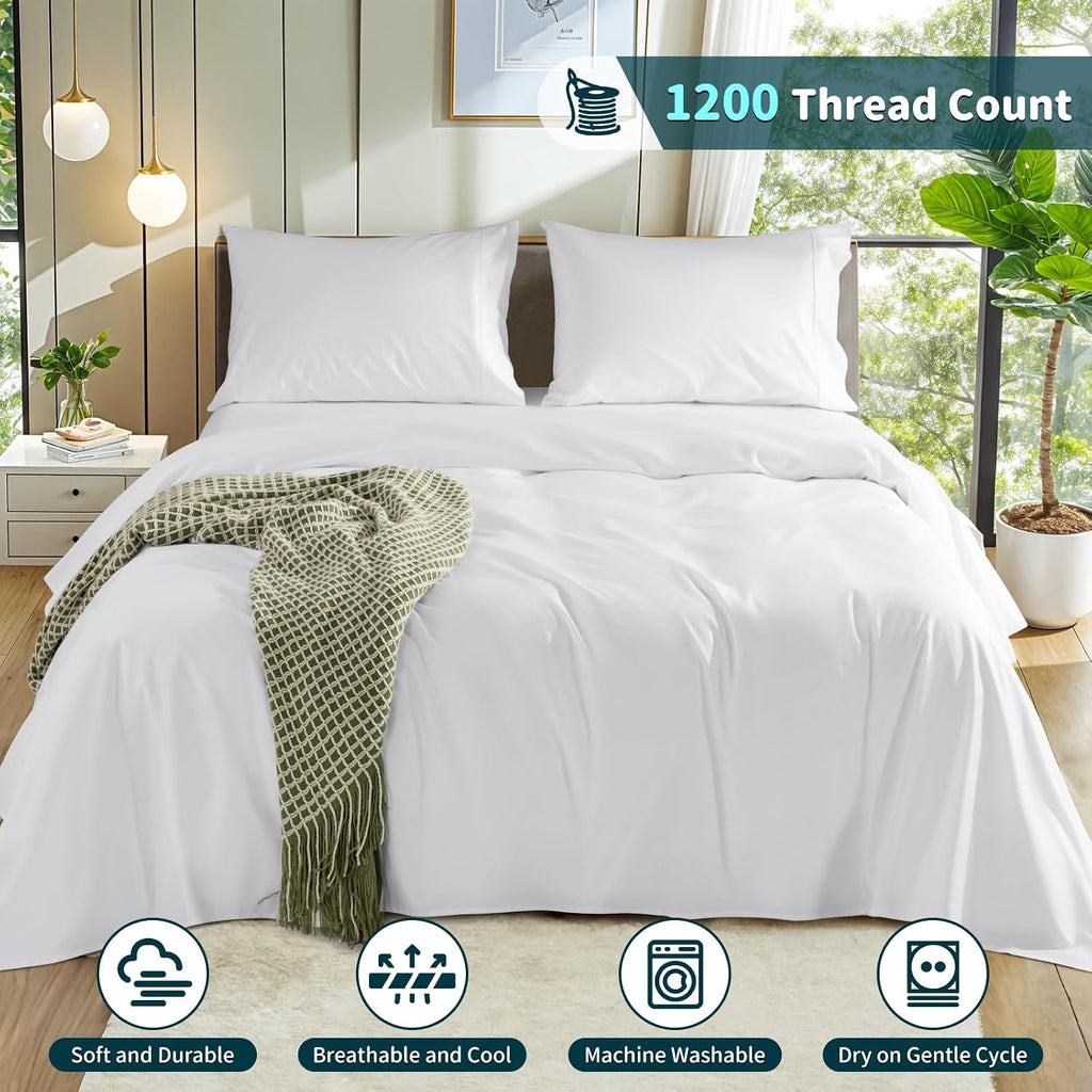 LBRO2M 100% Cotton 1200 Thread Count King Size Sheets Set Deep Pocket Up to16 inches, Bed Sheet 4 Piece (White, King)