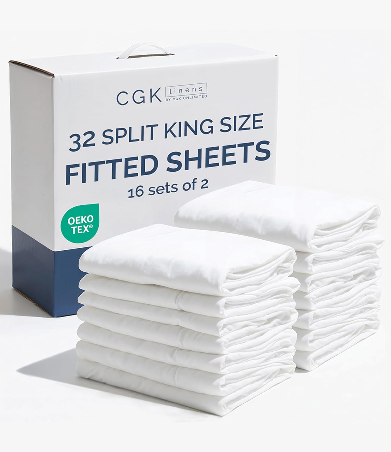 Bulk Case Pack of 16 Fitted Sheets - (16) Split King Size Fitted Sheets with Deep Pockets - Wholesale Bulk Bedding for Hotels, Spas & Airbnbs - Breathable, Cooling & Wrinkle Free - (Split King, White)