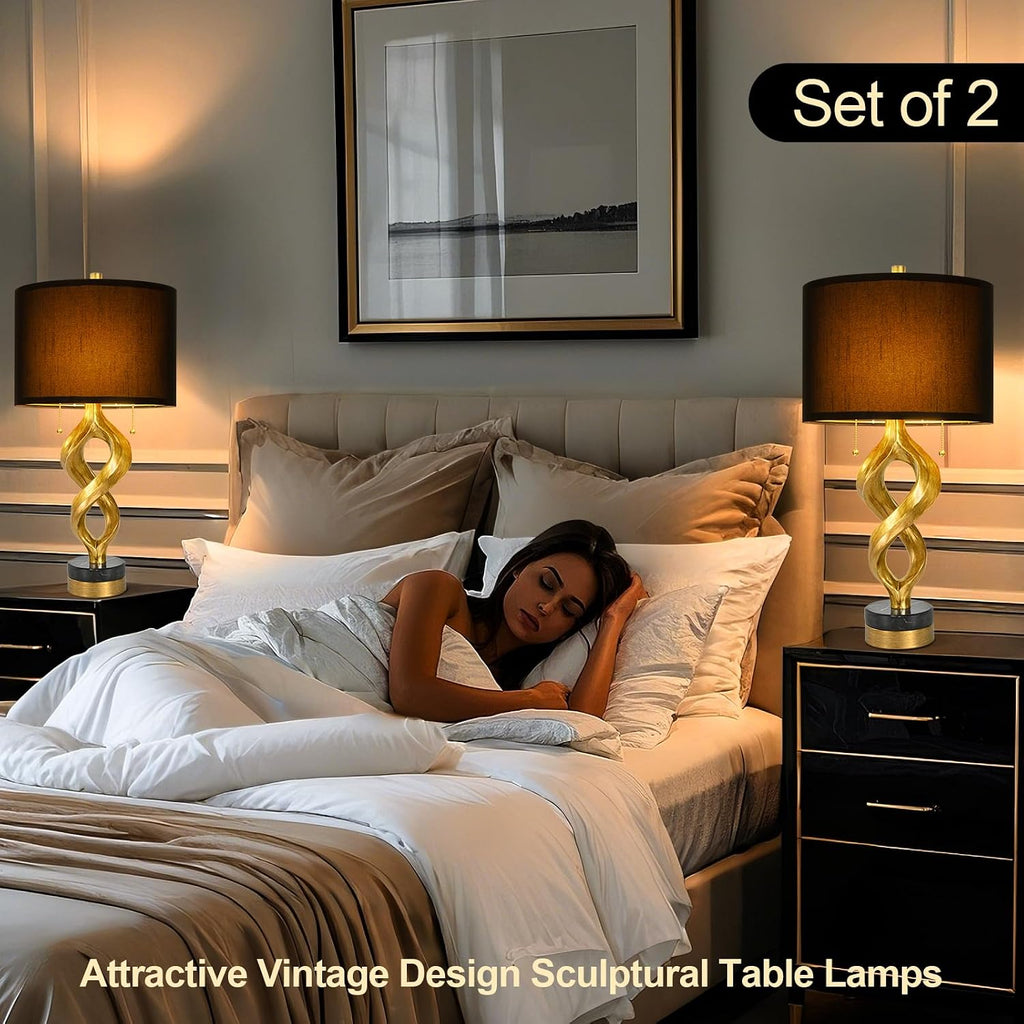 Sculptural Table Lamp Set of 2 for Bedroom, 26' Gold Leaf Farmhouse Bedside Lamps for Living Room, Pull Chains Switch Rustic Nightstand Lamp Marble Base with USB for Home Room Decor (Bulbs Included)