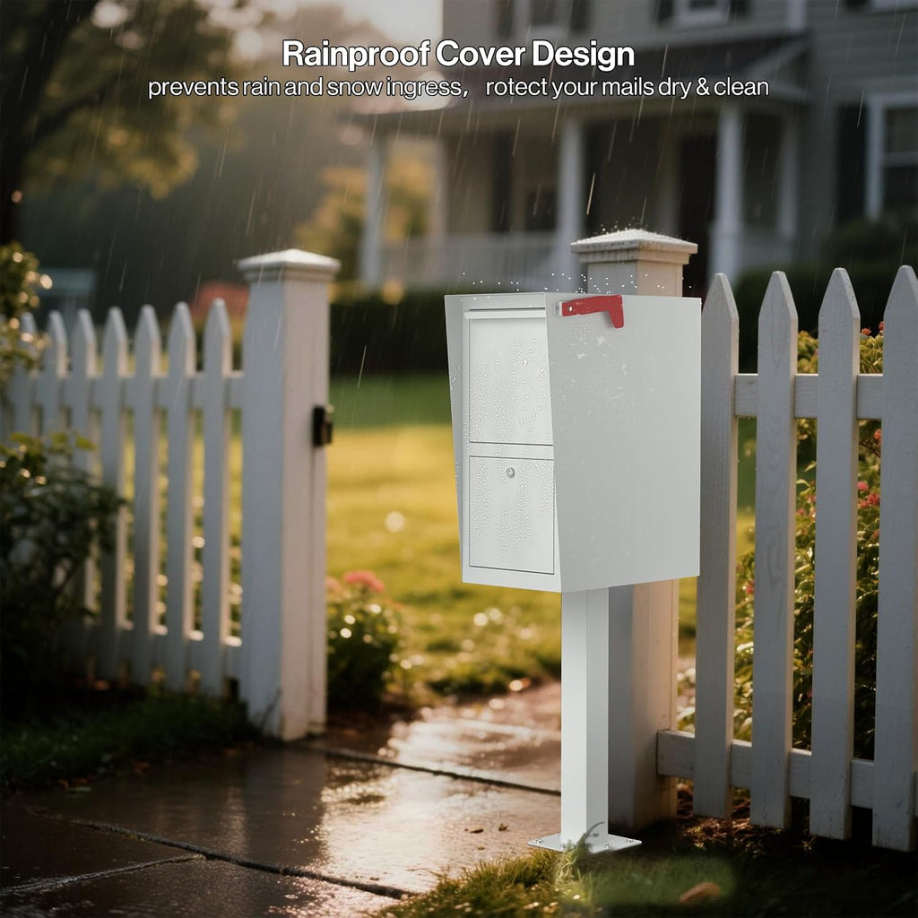 POCHAR Large Locking Mailbox for Outside - Secure Curbside Mailbox Post Mount with Base Plate - Weekend-Away Design Outdoor Commercial Mail Box for Business, Package Drop Box, White