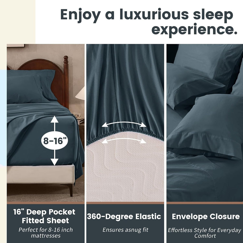 100% Linen Sheets California King Size,Breathable & Durable 4-Piece Bed Flax Sheet Set,Soft All-Season Bedding for Hot Sleepers 16' Deep Pocket Oeko-TEX Certified,（Cal King, Navy Grey）