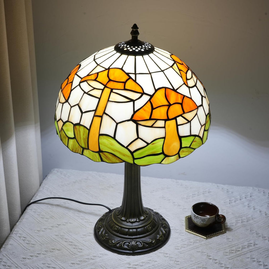Tiffany Style Table Lamp with Brown Mushrooms Stained Glass Lamp 12 Inch Retro Bronze Base Bedside Lamp Living Rooms, Offices, Stores. Village Life Style Decorative Ambient Light Bedside Lamp