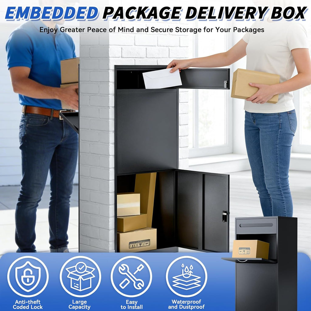 47.2' Package Delivery Box for Outside - Front-Back Black Metal Parcel Drop Box, Anti-Theft, IPX4 Waterproof, Weather-Resistant Mailbox for Porch, Fence, Curbside (Pass-Through Mailbox)