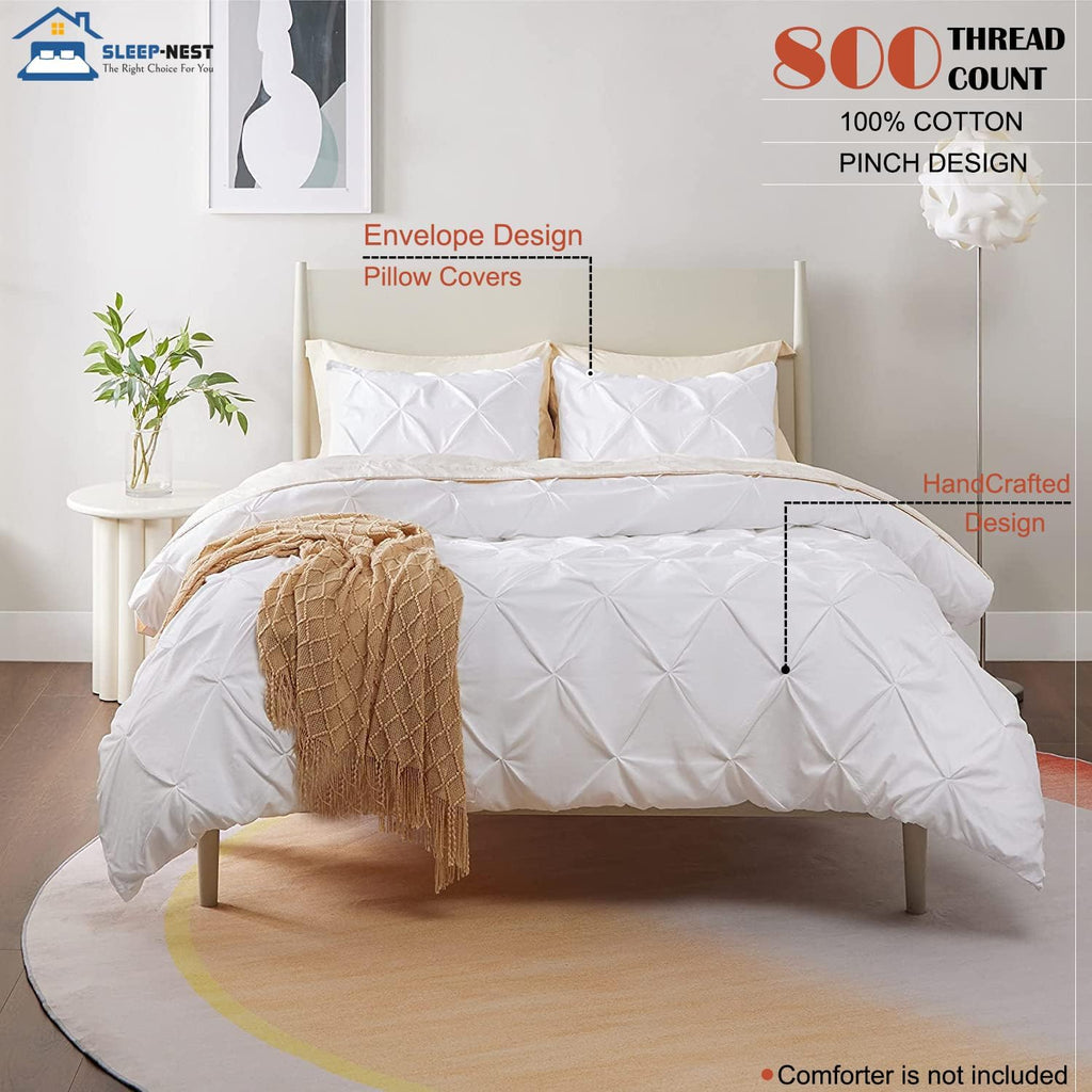 SLEEP-NEST Alaskan King Duvet Cover 132x120 Pinch Pleated 3 Piece Set with Zipper Closure 100% Egyptian Cotton Super Soft Cover for Comforter, Oversized King Plus, White