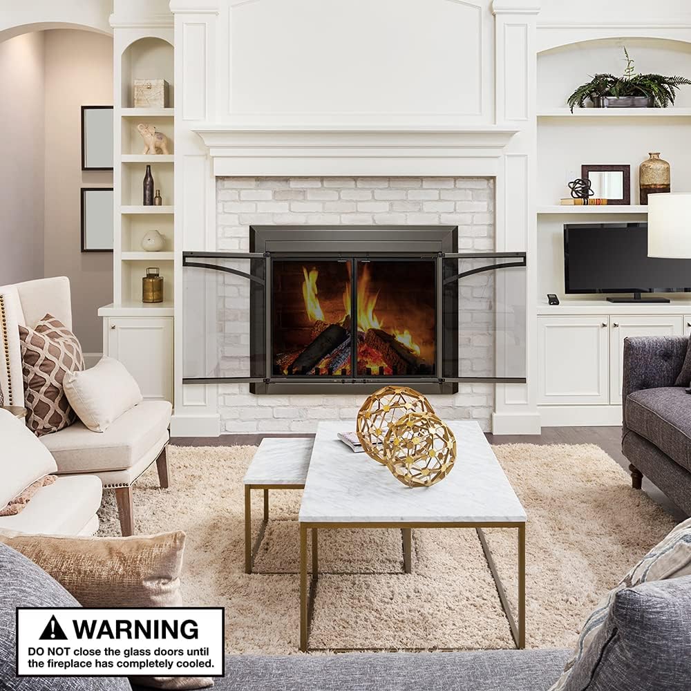 UniFlame - Gerri - Cabinet-Style Fireplace Doors with Smoke Tempered Glass (Color: Gunmetal, Size: Medium - Fits Opening 30in to 37in W x 25.5in to 32.5in H)