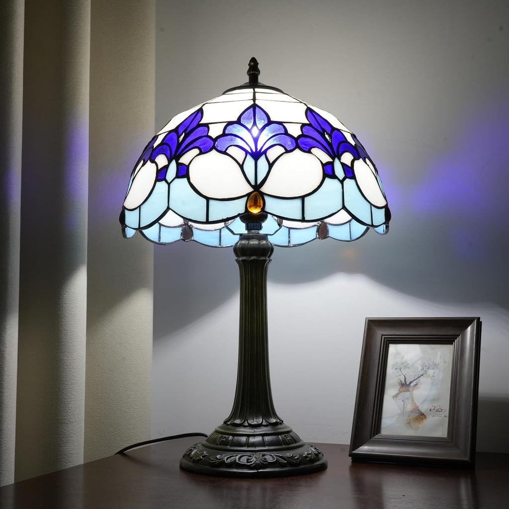 Tiffany Style Table Lamp with Blue Iris Stained Glass Lamp 12 Inch Retro Bronze Base Bedside Lamp Living Rooms, Offices, Hotel，Coffee Shop European Style Decorative Ambient Light Bedside Lamp