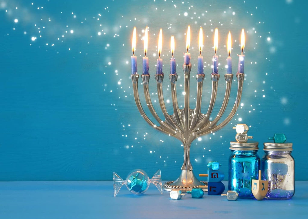 20x10ft Fabric Hanukkah Backdrop Jewish Holiday Traditional Candelabra and Candles Blue Glitter Background Happy Hanukkah Festival Day Jewish Decor Photo Booth Studio Props