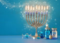 20x10ft Fabric Hanukkah Backdrop Jewish Holiday Traditional Candelabra and Candles Blue Glitter Background Happy Hanukkah Festival Day Jewish Decor Photo Booth Studio Props