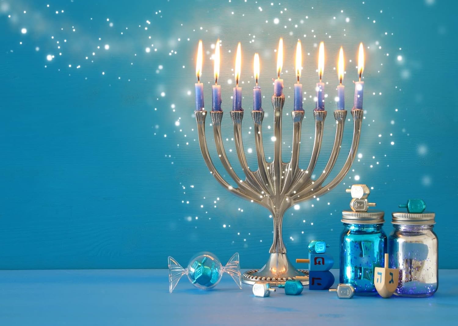 20x10ft Fabric Hanukkah Backdrop Jewish Holiday Traditional Candelabra and Candles Blue Glitter Background Happy Hanukkah Festival Day Jewish Decor Photo Booth Studio Props