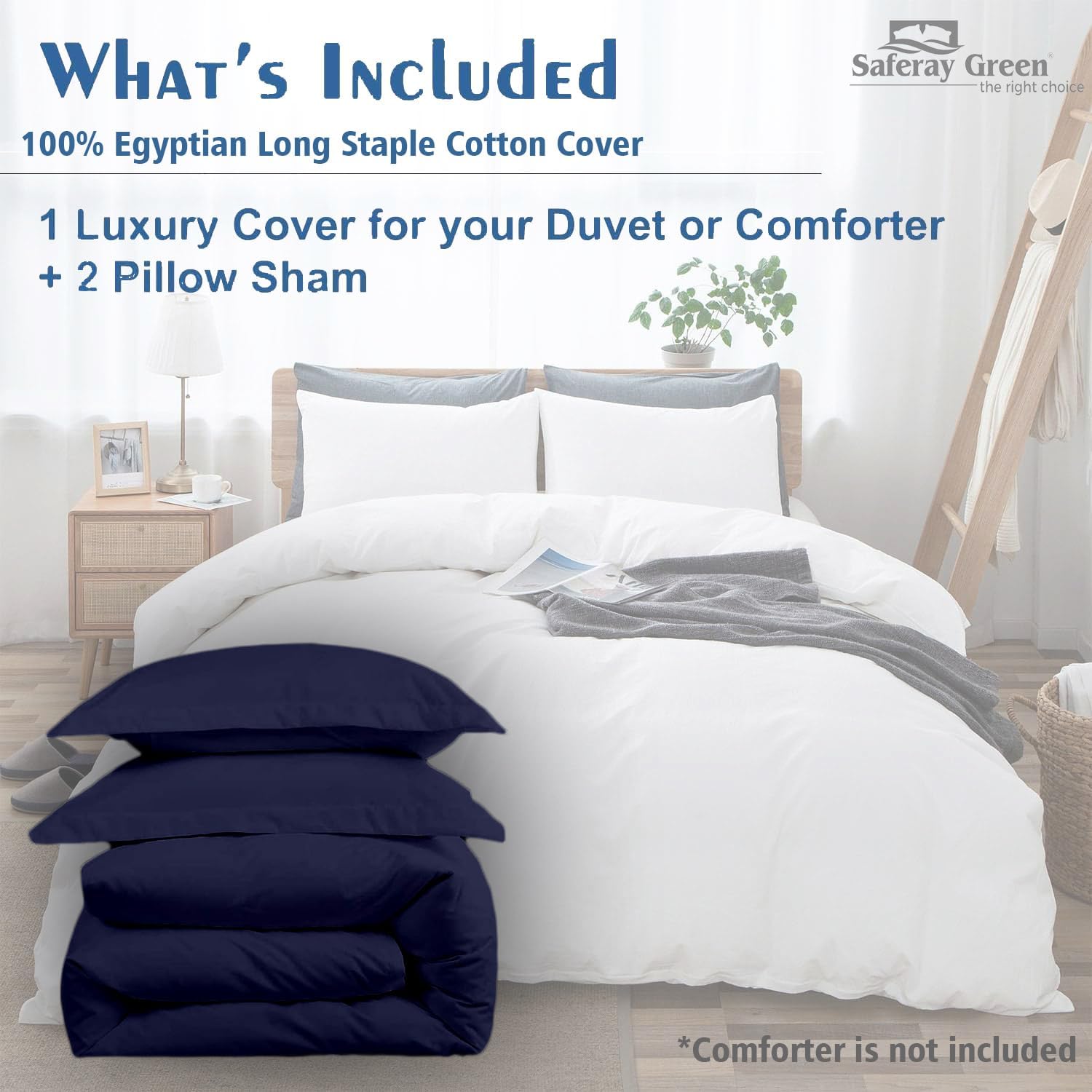 Navy Blue Duvet Cover Set Oversized Queen Size 1 Duvet Cover with 2 Pillow Shams 3-Pc Comforter Cover with Zipper Closure & Corner Tie 100% Egyptian Cotton Cover (98x98 Inch, Navy Blue)
