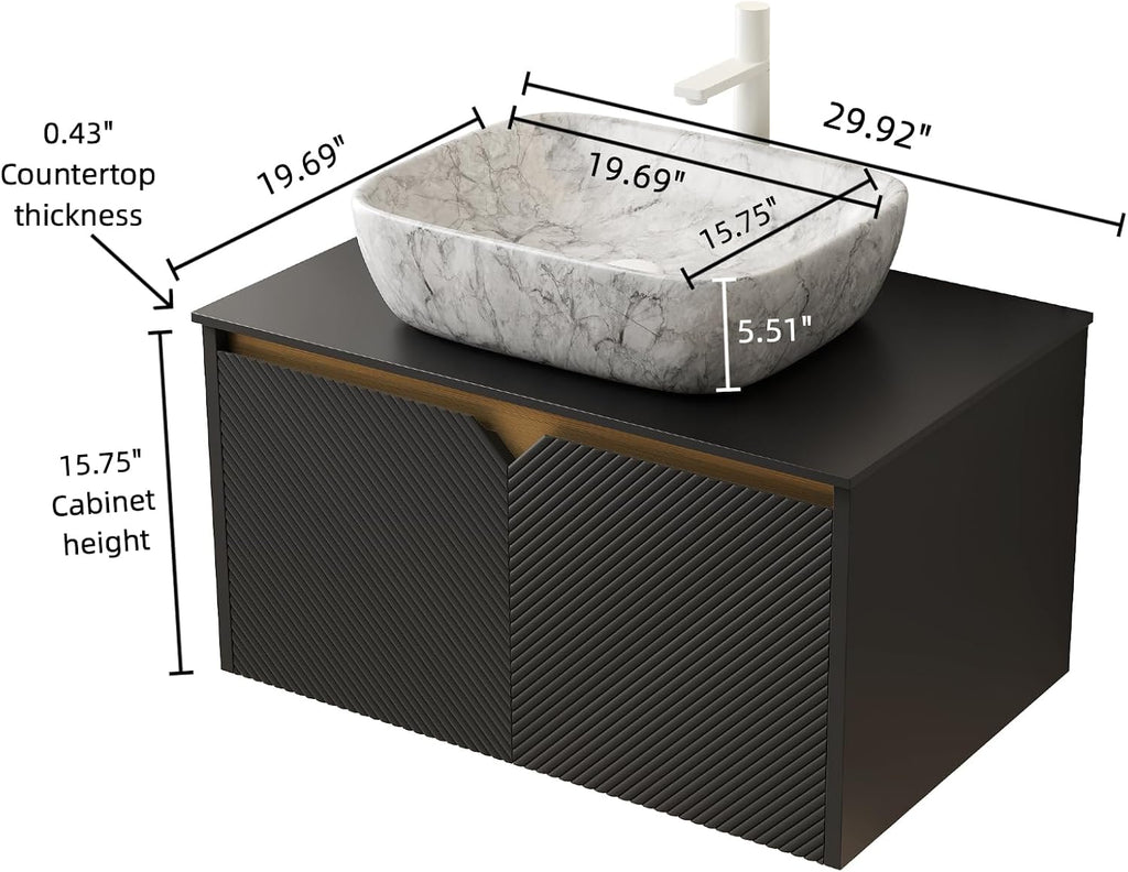 30 Inch Bathroom Vanity with Sink, Floating Fluted Vanity with Vessel Sink, Modern Bathroom Vanity Cabinet with 2 Doors, Marble Pattern Ceramic Sink & Sintered Stone Top, Black