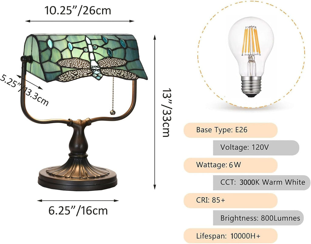 TL0030 Dragonfly Tiffany Banker Desk Lamp Stained Glass Green Shade with Vintage Bronze Base W10.25 X OH13 Inches, Art Nouveau Lamp for Home Office,LED Bulb Included (Dragonfly)