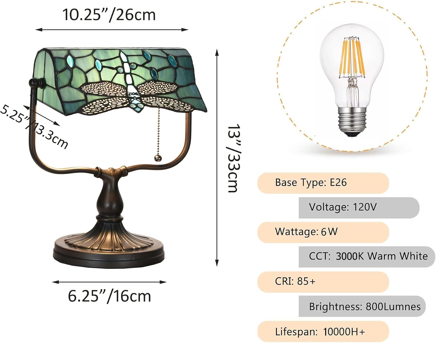 TL0030 Dragonfly Tiffany Banker Desk Lamp Stained Glass Green Shade with Vintage Bronze Base W10.25 X OH13 Inches, Art Nouveau Lamp for Home Office,LED Bulb Included (Dragonfly)