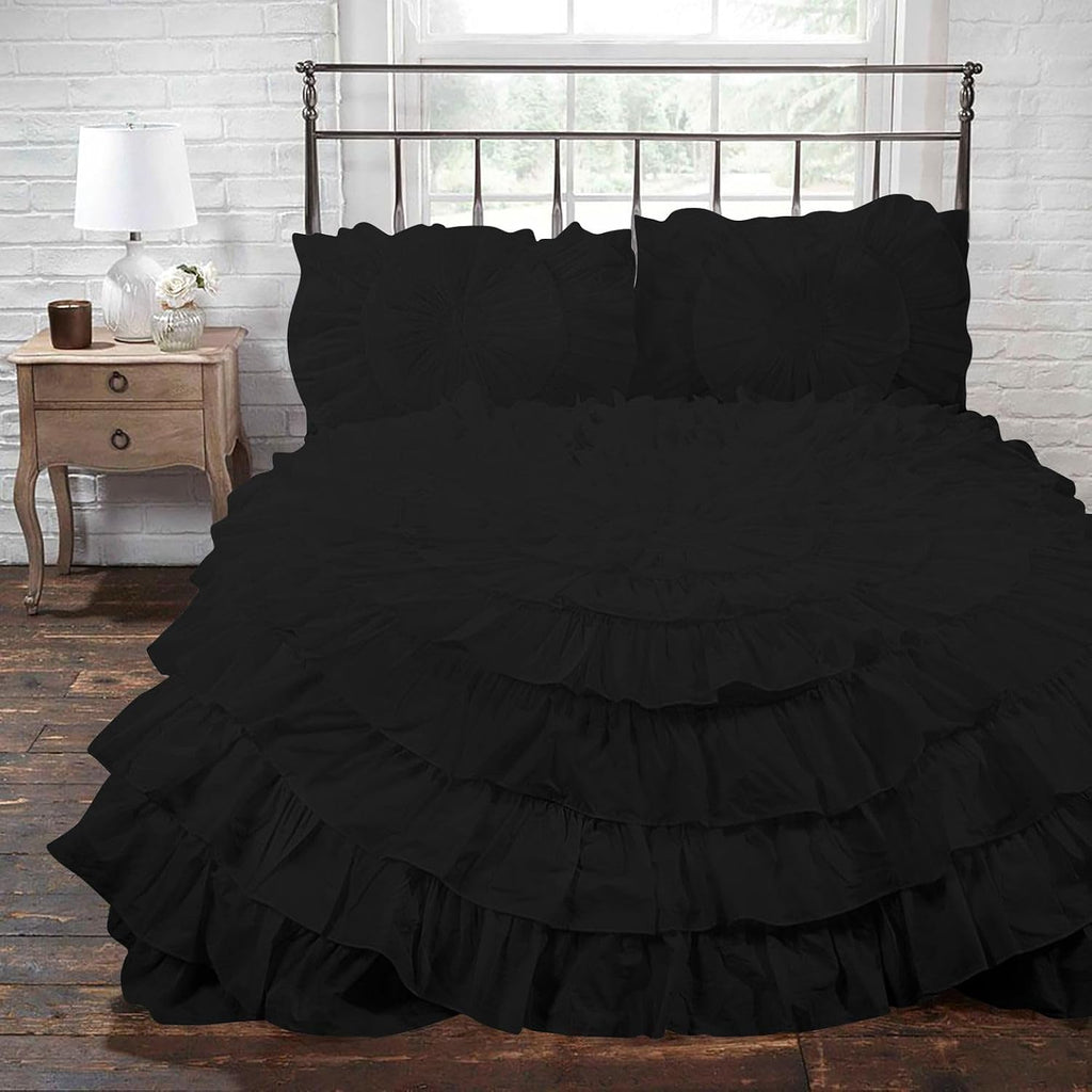 3 Piece 100% Egyptian Cotton Circle Ruffle Comforter Set, 550 GSM Filled Microfiber - Full/Queen Size, Black Color - 1000 Thread Count