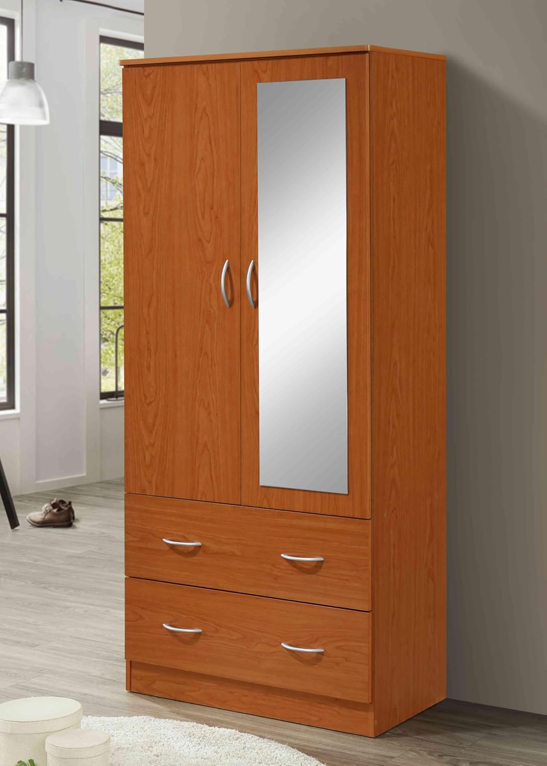 HODEDAH 2 Door Wood Wardrobe Bedroom Closet with Clothing Rod Inside Cabinet, 2 Drawers for Storage and Mirror, Cherry
