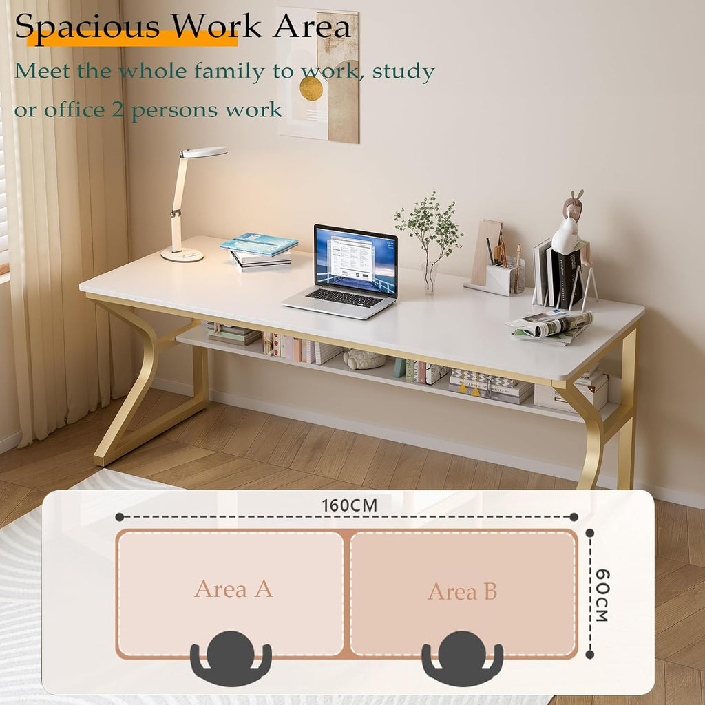 OSCHF Extra Long Desk with Bookshelf - 63' Double Long Writing Table for 2-Person Workstation, Modern Study Work Computer Desk for Home and Office, Gold