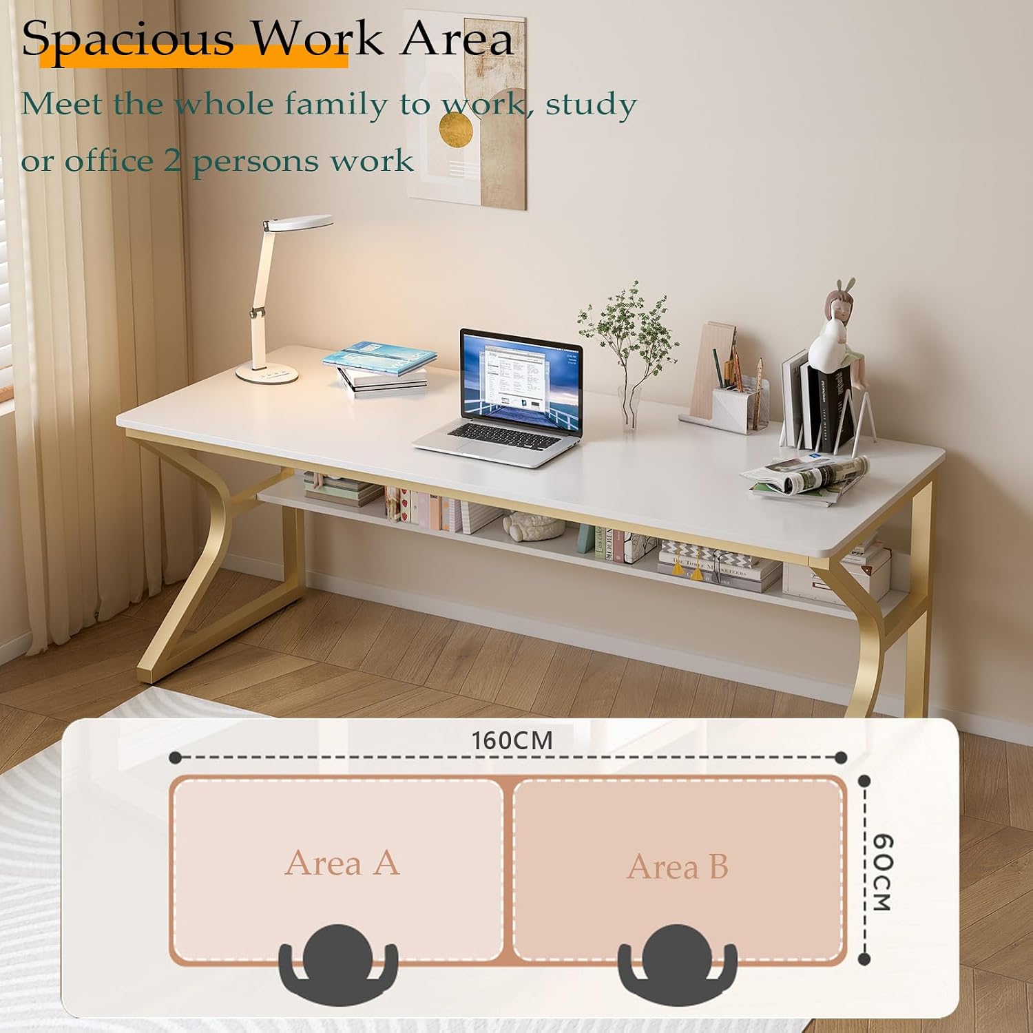 OSCHF Extra Long Desk with Bookshelf - 63' Double Long Writing Table for 2-Person Workstation, Modern Study Work Computer Desk for Home and Office, Gold