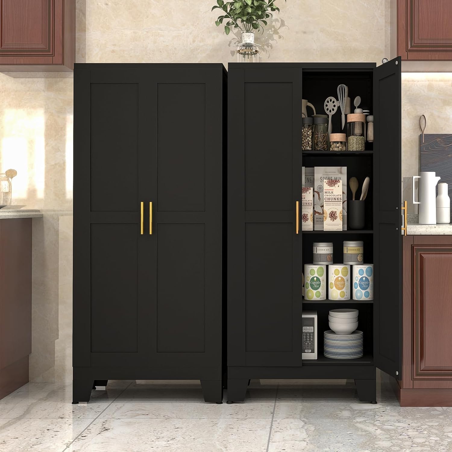 erosoei 61.02'H Metal Pantry Storage Cabinet, Kitchen Storage Cabinets with Adjustable Feet and Shelves, Pantry Cabinet for Kitchen, Living Room, Laundry Room and Dinning Room