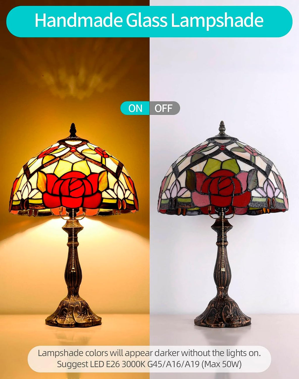 Tiffany Table Lamp, 12-inch Stained Glass Lamp for Living Room, Dining Room, Bedroom, Study Room, Office (Red Rose)