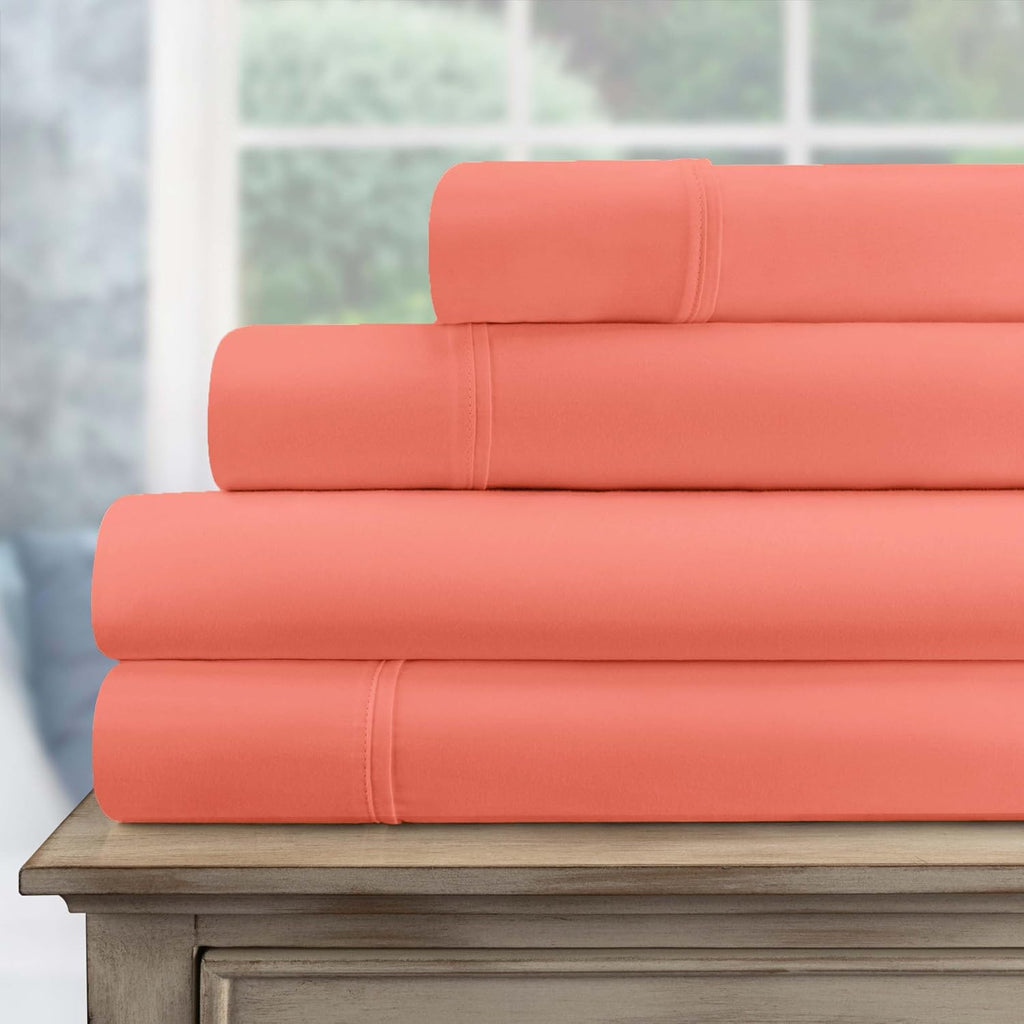 Superior Egyptian Cotton 4 Piece Sheet Set, 700 Thread Count, Eco-Friendly, Sustainable Sheets, Ultra-Soft Basics, Solid, Deep Pocket Fitted Sheet, Flat Sheet, Pillowcases, Full, Coral