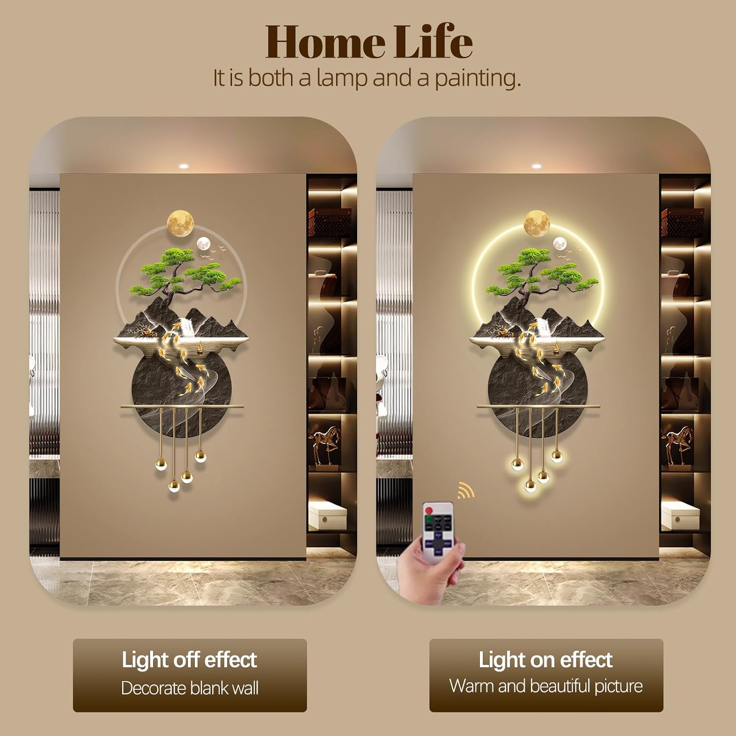 LED Light Decor Wall Art, 3D Art Wall Decor with Light, Decors Walls Sculptures Large 3D Art, Decors Walls Sculptures Lighting Modern, Plug-in Power Supply, Gold G, 23x47IN
