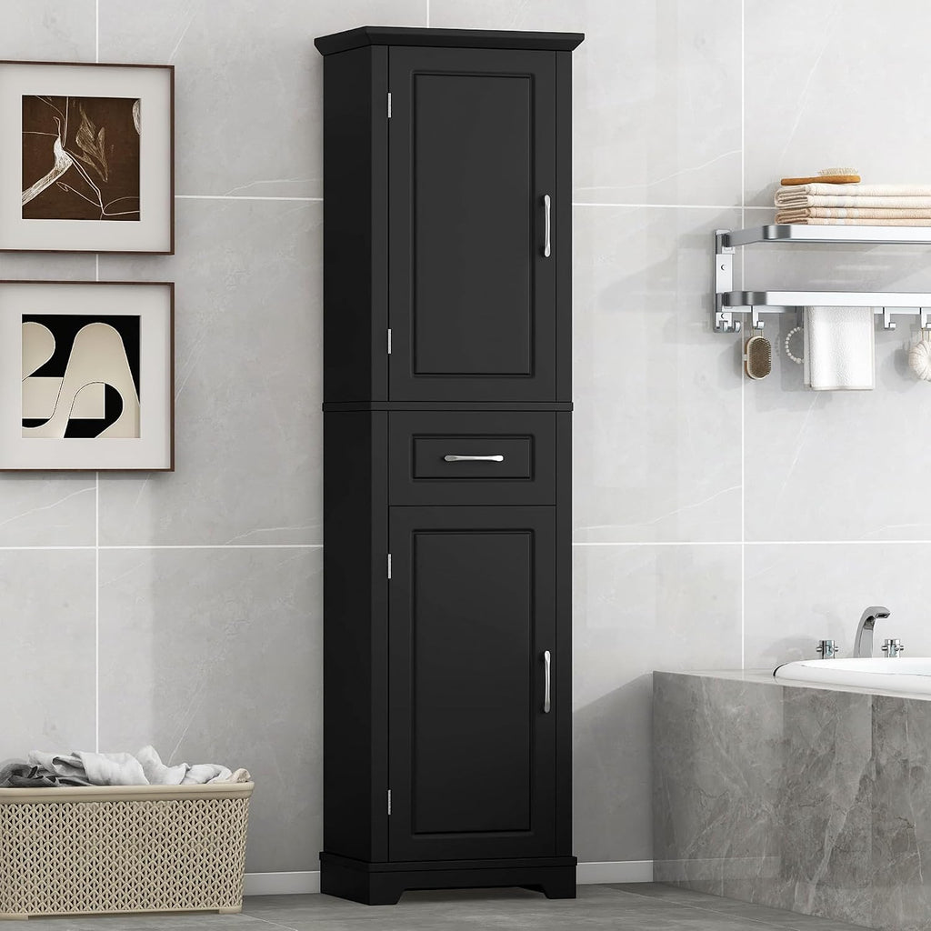 Tall Bathroom Storage Cabinet, Freestanding Bathroom Accent Storage Cabinet with Built-in Door Shelf & Adjustable Shelves, MDF Board with Painted Finish for Home Kitchen, Living room (Black Style4)
