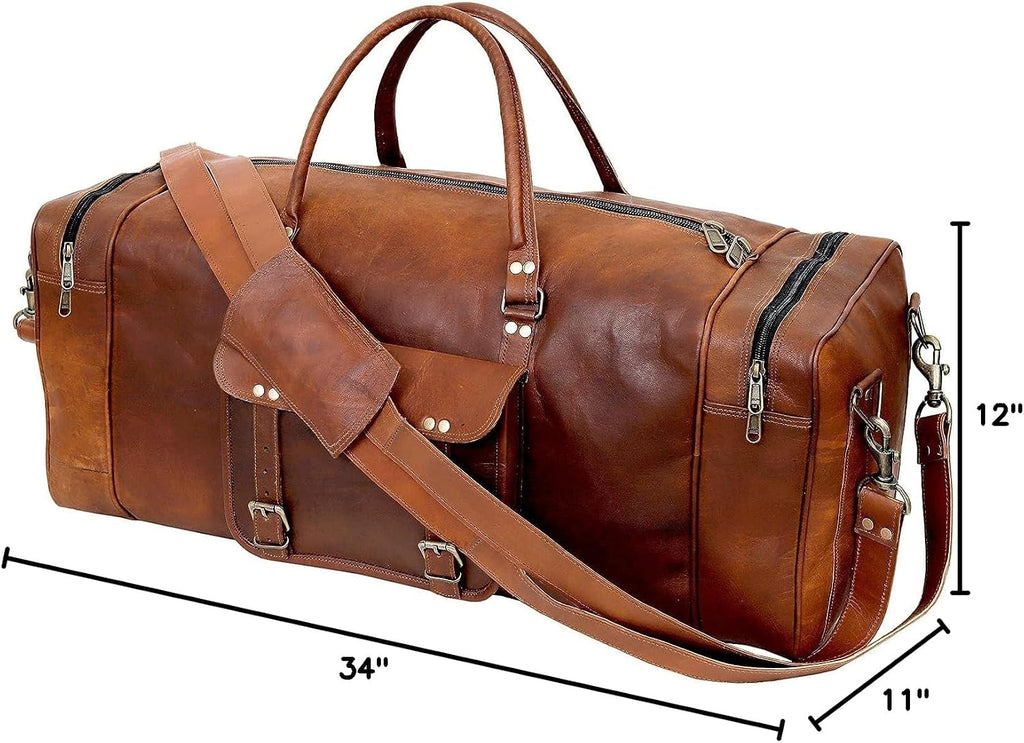 Leather Duffle Bag for Men Luggage Handmade Travel Bag Carry On Luggage Weekender Bags Overnight Gym Sports Cabin Holdall Bag For Airplanes Men And Women (34 Inch Brown)