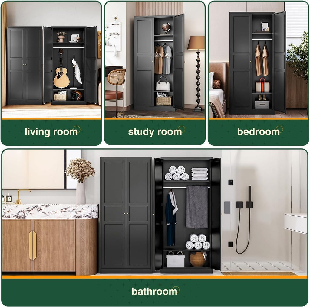 Letaya Wardrobe Armoire Closet,72' H Metal Storage Cabinet with Adjustable Shelves and Hanging Rod,Bedroom Armoire Cabinet Clothes Organizer (Black)